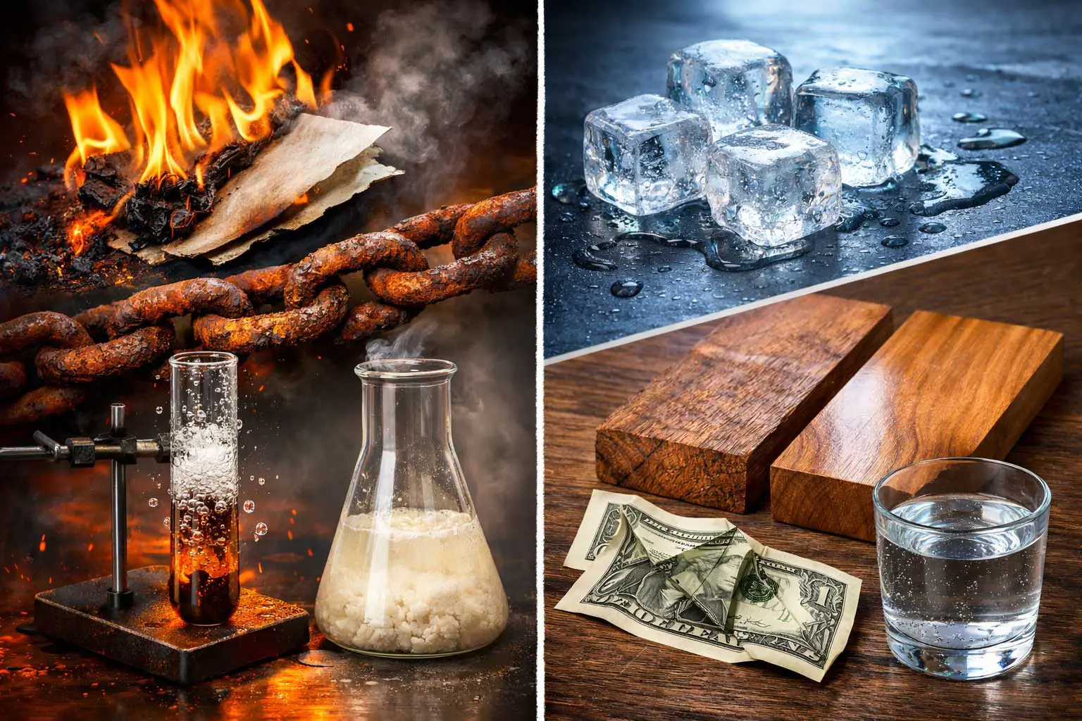 مقایسه تغییرات شیمیایی و تغییرات فیزیکی در زندگی روزمره و آزمایشگاه